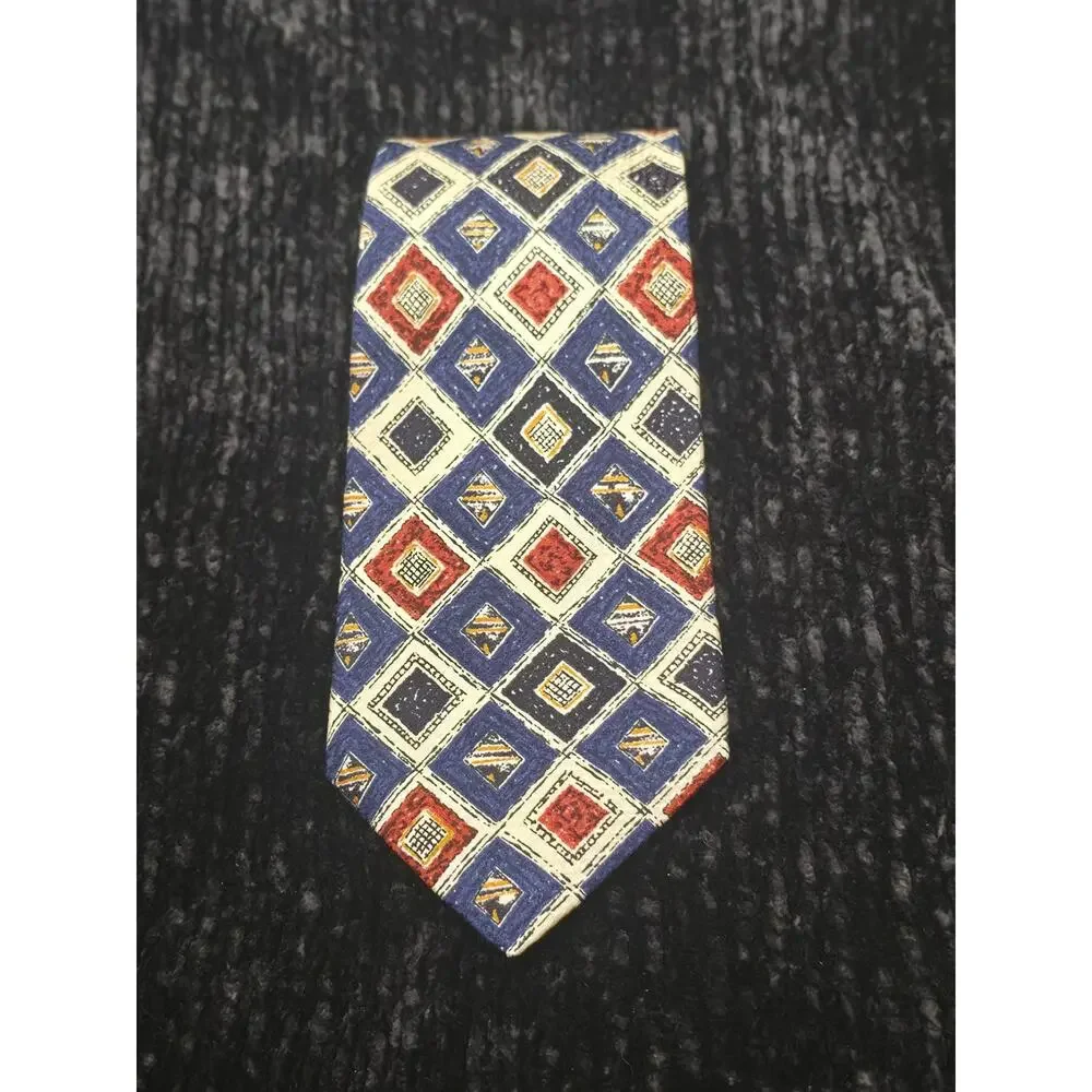 VTG Countess Mara Silk Tie Blue  Geometric Mosaic Diamond Gold Coin Crest USA
